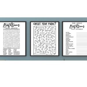 Set of 3 Funny Bathroom Games UNFRAMD Art Prints. Word Search,Maze,Word Scramble